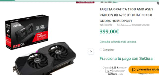 Tarjeta gráfica Asus Dual Radeon RX 6700 XT 12GB GDDR6 por 399€