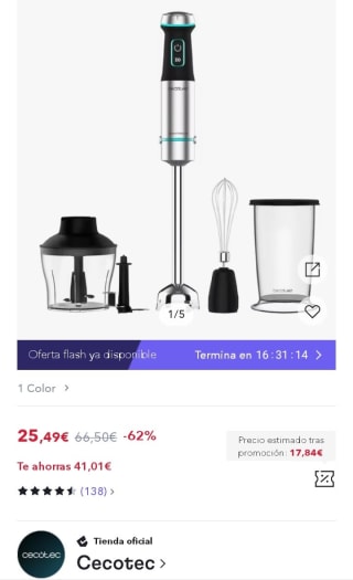 Batidora de mano Cecotec 1200W por 17,84€.