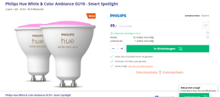 Philips Hue Spot GU10 | White en Color Ambiance | 350 lumen | 4.3W | 2 stuks voor €69 bij Azerty