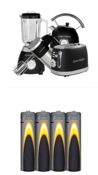 Pack Retro Batidora de Jarra, Batidora Amasadora, Tostadora y Hervidor de Agua + pack 4 pilas por 70,50€