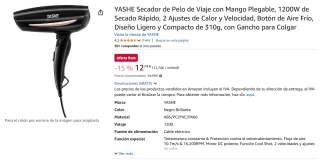 Secador de Pelo de Viaje con Mango Plegable Yashe por 12,74€