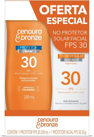 Kit com Protetor Solar Cenoura e Bronze Fator 30 para corpo de 200ml + Facial Fator 30 de 50g - R$ 32,38