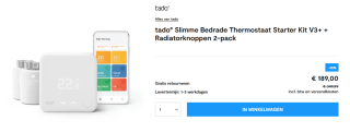 Tado slimme thermostaat starterskit V3+ bedraad + 2 gratis radiatorknoppen voor €189 bij Tink