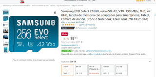 Micro SD Samsung EVO Select 256GB A2, V30 por 19.49€