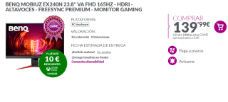 Monitor Gaming de 23.8" BenQ Mobiuz EX240N por 139.99€