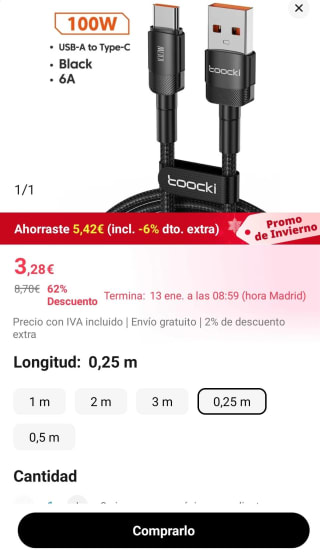 Toocki USB tipo C cable cargador rápido 100W por 3,21€