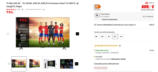 TV Mini LED 65" TCL 65C6K, UHD 4K, AiPQ Pro Processor, Smart TV, DVB-T2 por 599€