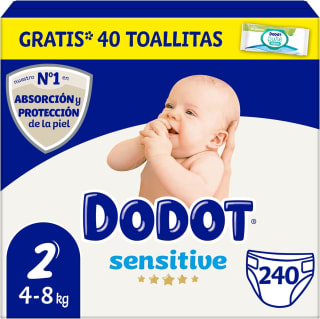 Dodot Pañales Bebé Sensitive Talla 2 (4-8 kg), 240 Pañales + 40 Toallitas Gratis por 48,99€