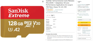 Carte MicroSDXC Sandisk Extreme 128Go, avec Adaptateur SD à 14,90€