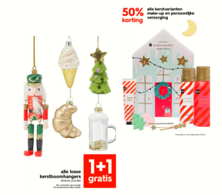 Alle Kerstmake-up/verzorging 50% korting en alle kerstboom hangers 1+1 gratis bij de Hema