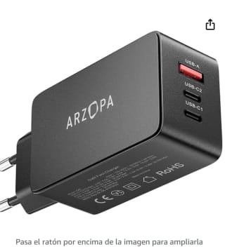 ARZOPA 65W Cargador USB C Rápida PD3.0 GAN Cargador Portatil 3 Puertos por 13,79€