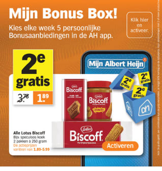 Alle lotus biscoff 1+1 gratis via de AH bonus box