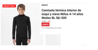 Camiseta térmica interior de esquí para Peques Wedze BL Ski 500 por 6.99€