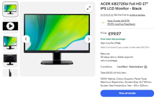 Capture an ACER KB272Ebi Full HD 27" IPS LCD monitor at eBay for £79.79