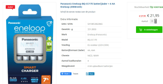 4x Eneloop AA 2000 mAH met intelligente Panasonic lader voor €21,95