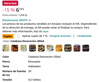 Guirnalda Decoracion Halloween Luces Exterior 3m 20LED de Calabazas Halloween por solo 5,43€