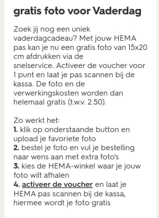 Voucher bij Hema voor gratis foto 15*20