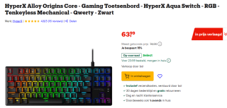 HyperX Alloy Origins CoreTKL mechanisch toetsenbord voor €63,99 bij Bol