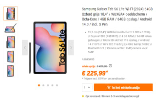 Samsung Galaxy Tab S6 Lite Wi-Fi (2024) 64GB voor €225,99 bij NBB