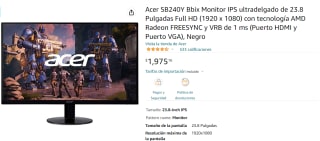 Monitor Acer Bbix IPS 23.8" a $1,975 en Amazon
