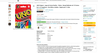 Juego UNO Original de Cartas Familiar multicolor 112 Cartas por 7,49€
