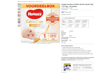 84 Pañales Huggies Extra Care Talla 1 por solo 10,99€