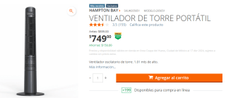 Ventilador de Torre Portátil Hampton Bay por $749 en Home Depot