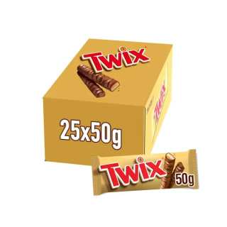 Pack 25 x 50 gr de Twix Chocolatina con Galleta crujiente y suave caramelo recubiertos de chocolate con leche por 16.999€ (Cuenta Nueva 8.5€)