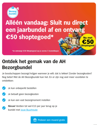 AH Bezorgbundel voor 107,88 euro met 50 euro tegoed