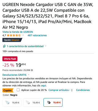 Cargador UGREEN Nexode USB C GAN de 35W USB A 22,5W por 15,60€