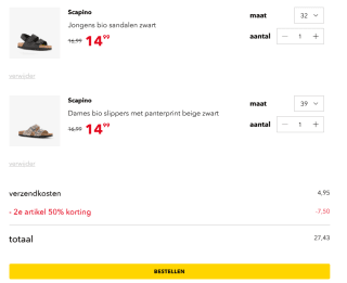 2e artikel 50% korting op slippers en sandalen bij Scapino