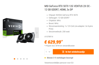 MSI GeForce RTX 5070 12G VENTUS 2X OC videokaart voor €629,99 bij Nbb
