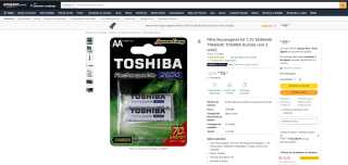 Pilha Recarregável Toshiba, modelo AA 12v 2600mah com 2 unidades - R$ 35,22