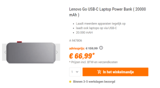 Lenovo Go USB-C Powerbank 20000 mAh LiPo USB, USB-C® Grijs voor €66,99 bij NBB