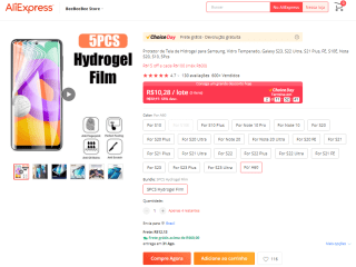 Kit com 5 Películas em Hidrogel para Samsung, modelo A60 - R$ 10,49