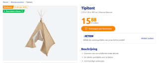 Tipitent 120 x 120 x 160 cm in diverse kleuren voor €15,88 bij de Action