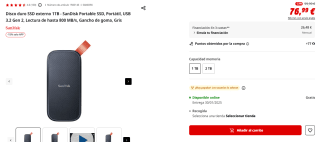 Disco duro SSD externo 1TB SanDisk Portable SSD, Portátil, USB 3.2 Gen 2 por 65,44€