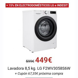 Cupón con 15% en Electrodomésticos LG e Indesit.
