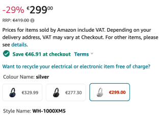 Auriculares Sony WH-1000XM5 Inalámbricos Noise Cancelling 30 Horas Autonomía por 253€