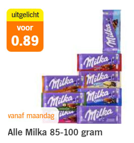 Alle Milka chocoladerepen 85-100 gram voor €0,89 bij de AH