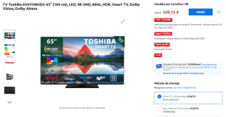 TV Toshiba 65UV3463DG 65" LED, 4K UHD, 60Hz, HDR, Smart TV, Dolby Vision, Dolby Atmos por 339,15€
