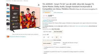 Smart TV 65" marca TCL modelo 65P639 por 449€