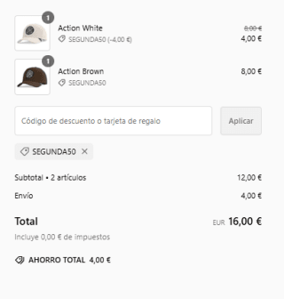 50% descuento en segunda unidad 2 gorras por 12€