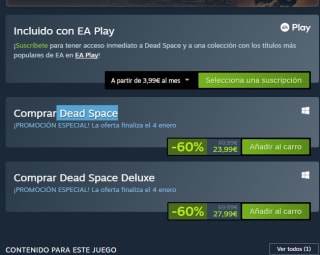 Dead Space por 23,99€ y la edición deluxe por 27,99€ en Steam