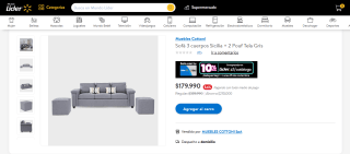 Sofá 3 Cuerpos Sicilia + 2 Pouf Tela Gris por $179.990