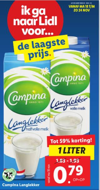 Campina Langlekker halfvol en volle melk voor €0,79 bij de Lidl
