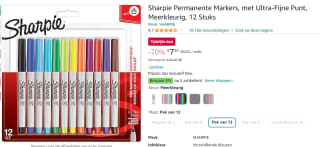 Sharpie permanente marker, extra fijn, 12 stuks voor €7,39 bij Amazon
