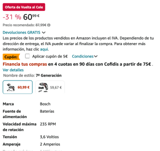 Atornillador Bosch Home and Garden a batería compacto IXO, 7.ª generación; 3.6 V; 2.0 Ah; 5.5 Nm set incluye accesorios a 55,99€