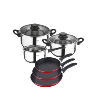 Batería de cocina 5 piezas SAN IGNACIO (2 ollas + 1 cazo + 2 tapas) en acero inoxidable y juego de 3 sartenes de aluminio prensado (16,20,24 cm) por 15.09€