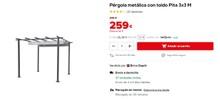 Pérgola metálica con toldo Pita 3x3 M por 259€